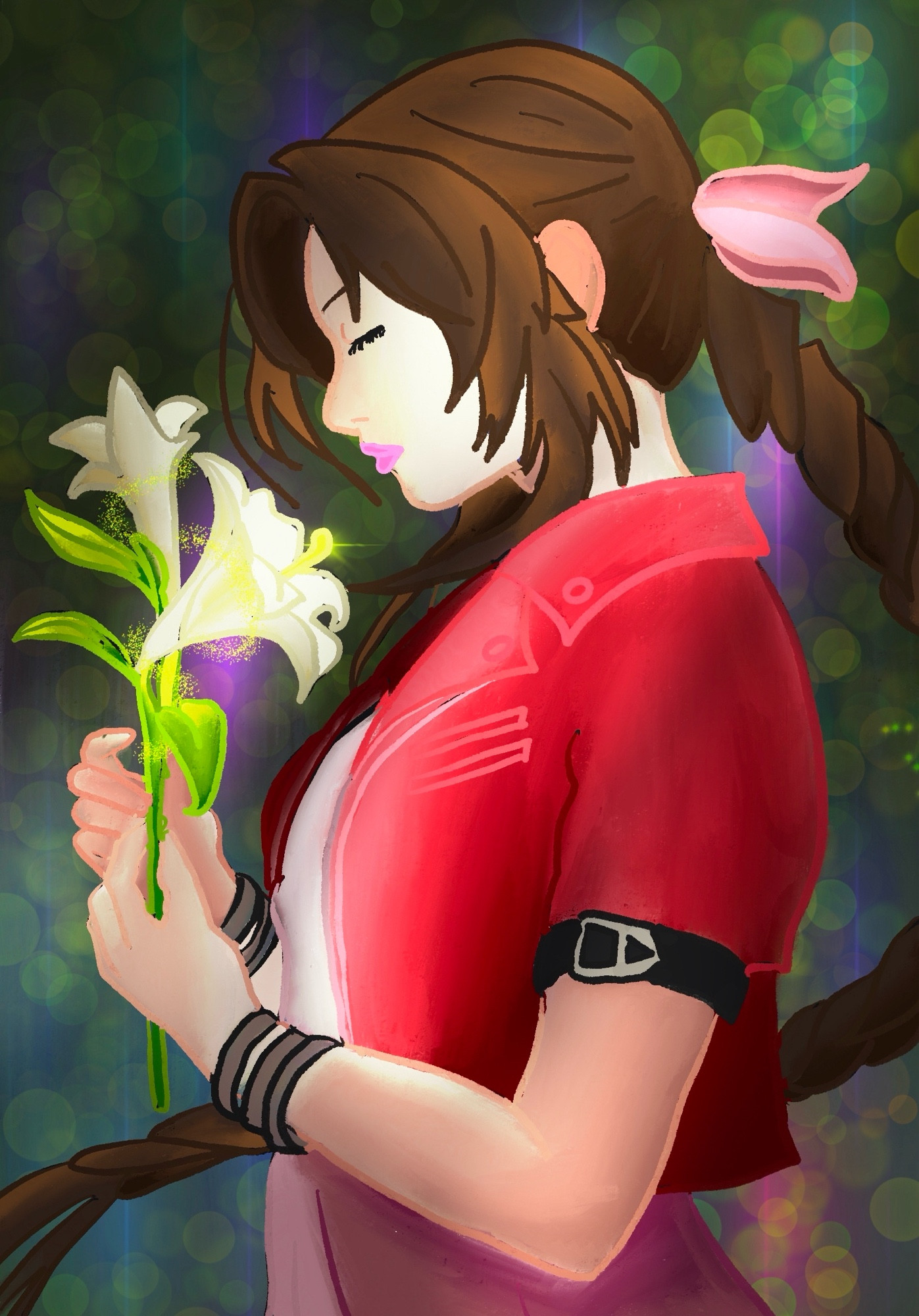 Aerith from FF7 holding flowers in a beam of light