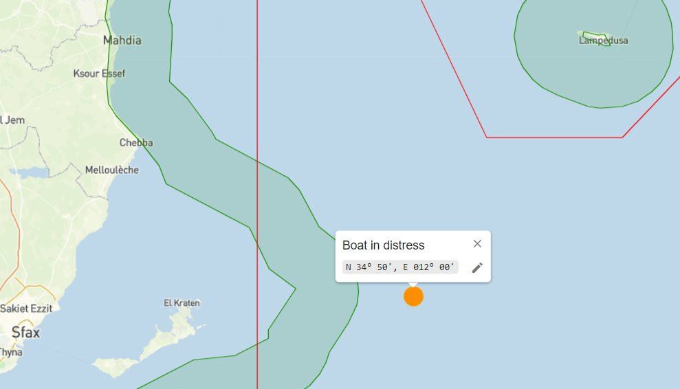 Eine Karte zeigt die Position des "Boat in distress" bei N34°50' E 12°00' deutlich tiefer in der maltesischen SRR als zuvor.