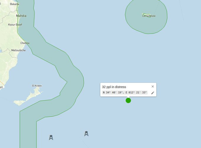 Eine Karte zeigt die Position des Bootes in Seenot bei
N 34°48'19", E 12°21'33" östlich der Kerkennah Inseln und südwestlich von Lampedusa.