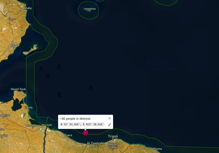 Eine Karte zeigt die Position des Bootes in Seenot nordwestlich von Al Zawiyah knapp außerhalb der libyschen Hoheitsgewässer bei:
N 33°01.010' ; E 012°30.416'