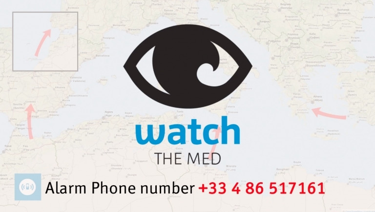 Unter einem grossen Auge: 
WATCH THE MED
Alarm Phone number +33 4 86 517161