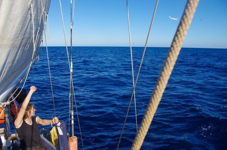 Von einem Segelboot aus grüßt eine Person mit erhobener Faust ein vorbeifliegendes kleines weißes Flugzeug.