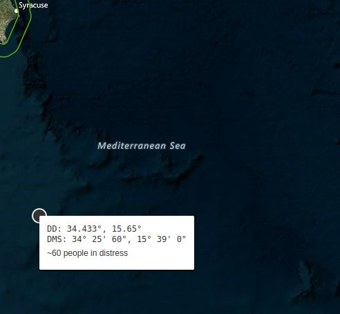 Eine Karte zeigt die Pos. des Bootes mit "~60 people in distress" bei:
N 34°25'60"; E 15°39'00"