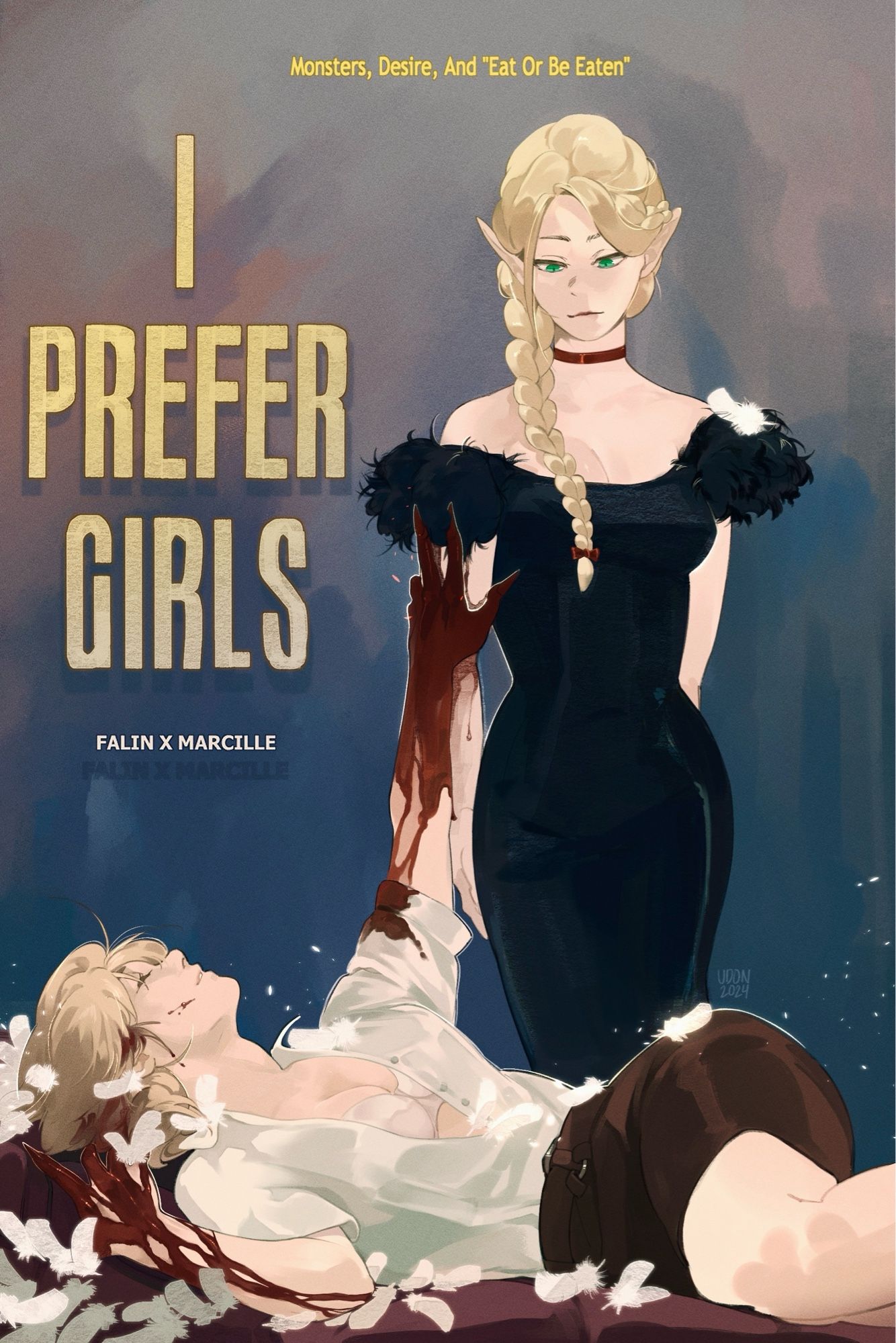 Marcille and Falin from Dungeon Meshi, redrawn as the vintage “I Prefer Girls” poster. Marcille wears a black dress with feathered sleeves and Falin lies on the lounge with bloody claws and feathers surrounding her.