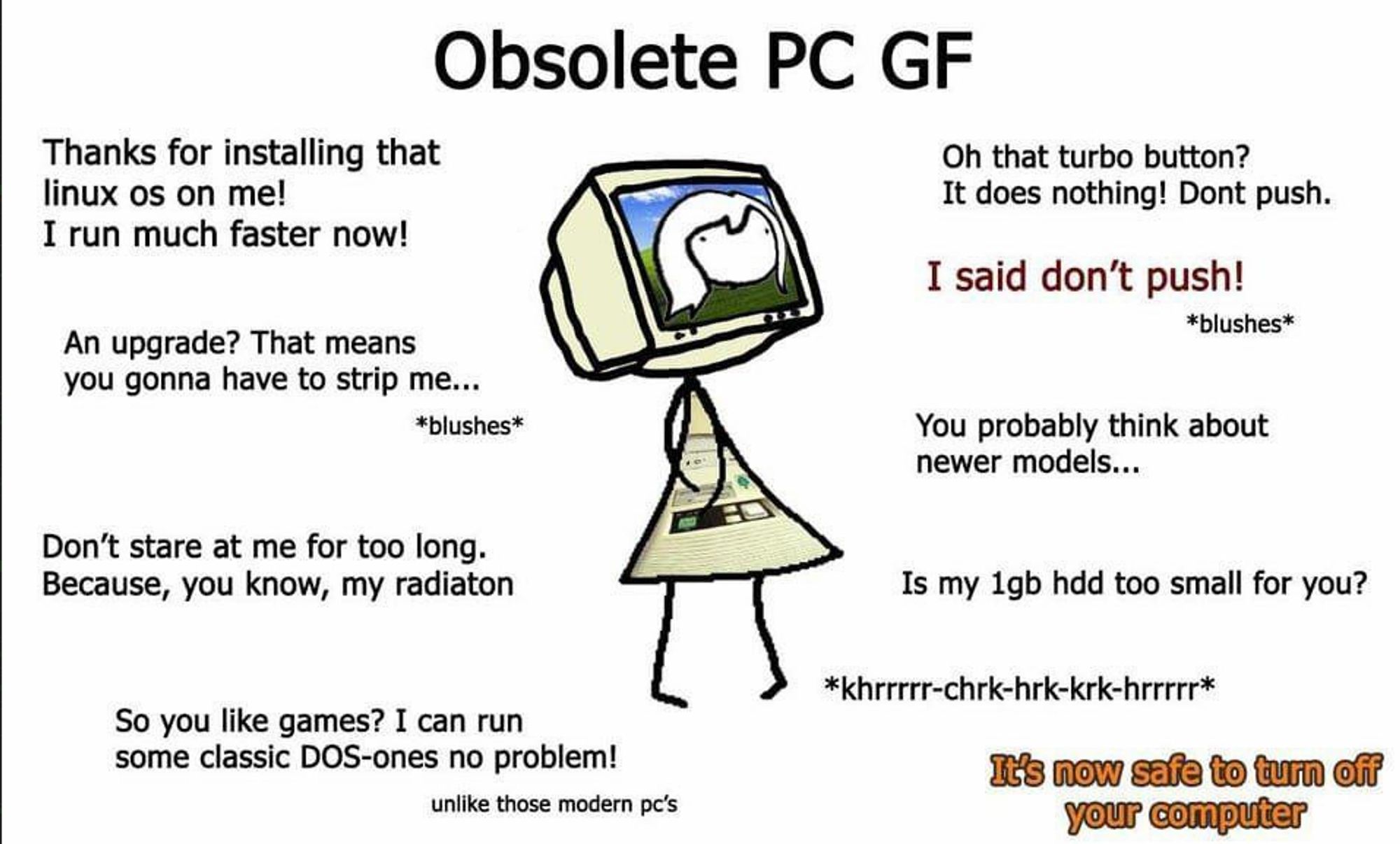 obsolete pc gf "thanks for installing linux on me" "an upgrade? that means you have to strip me" "dont stare too long, yknow, my radiation" "so you like games? i can run some dos ones no problem!" "dont touch turbo button!" "you probably think about newer models"