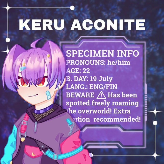 Man with fluffy purple hair and a colorful hoodie wearing overalls is at the front left of the page. Text at the top of the screen reads "Keru Aconite". A futuristic text box reads "specimen info. pronouns: he/him. age: 22. birthday: July 19th. language: English/Finnish. Beware! Has been spotted freely roaming the over world! Extra caution recommended!". The edge of the image is decorated with sparky star details. The background has an out of focus plant texture.