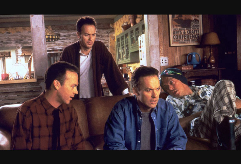 A scene from the movie Multiplicity. Four Michael Keatons together.