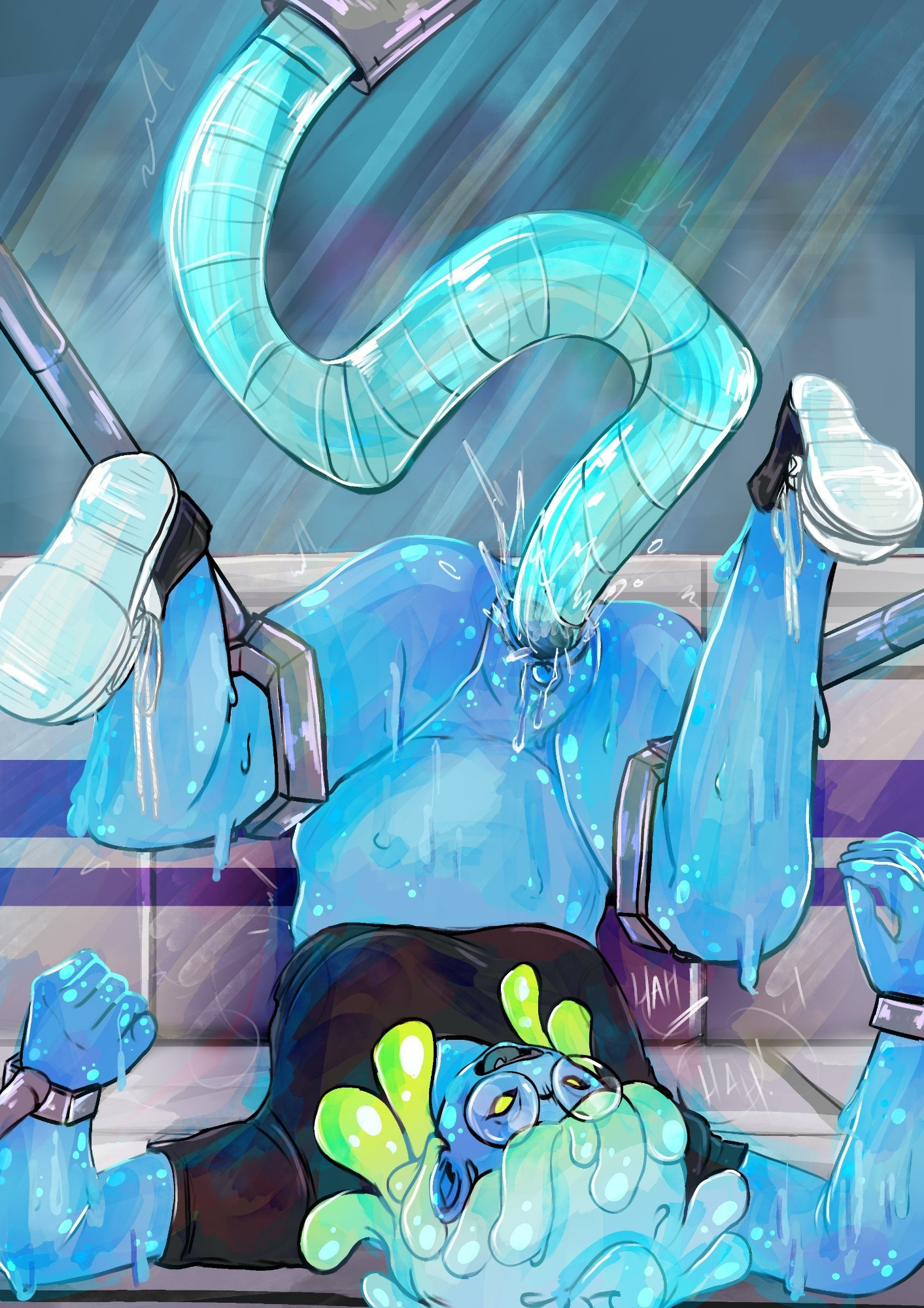 Blue slime boy being fucked by a mechanical tentacle