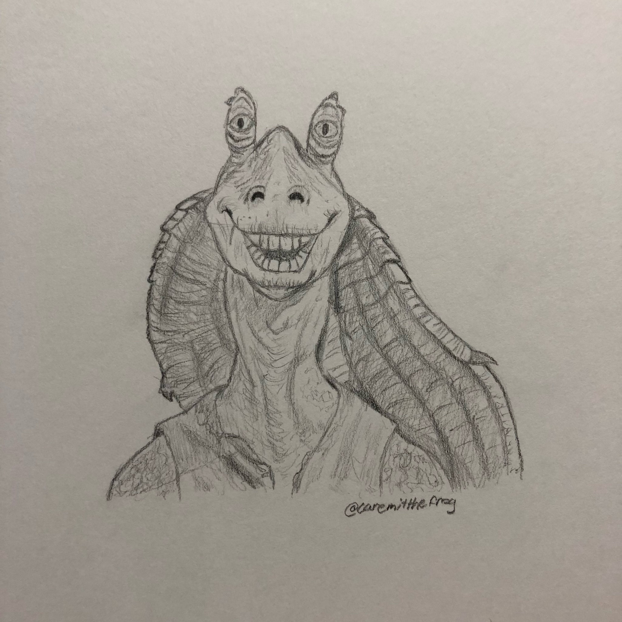 a graphite drawing of a smiling Jar Jar Binks from Star Wars: The Phantom Menace. originally posted on twitter back on May 4, 2022 on my account caremitthefrog