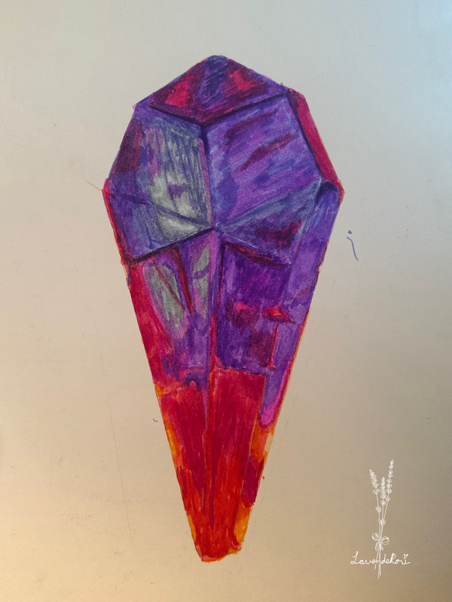 a marker drawing of the crystal of truth from the dark crystal. it is purple with a red glow. the watermark of the artist, lavenderori, is in the bottom right corner