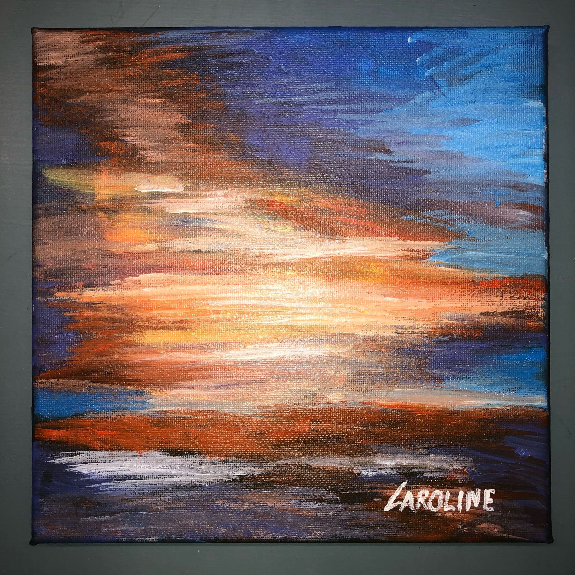 acrylic sunset painting. dominant colors of white, yellow, red and blue. originally posted on my twitter account, caremitthefrog, on October 15, 2022