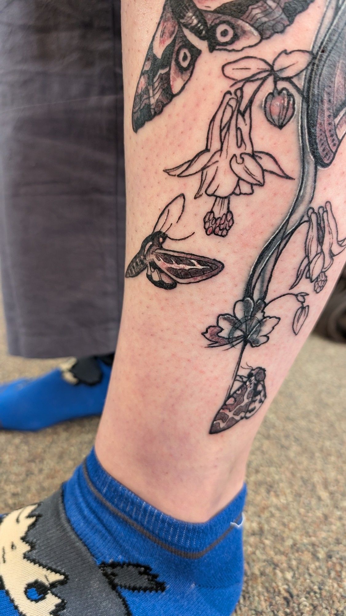 A calf tattoo featuring various different moths with columbine flowers