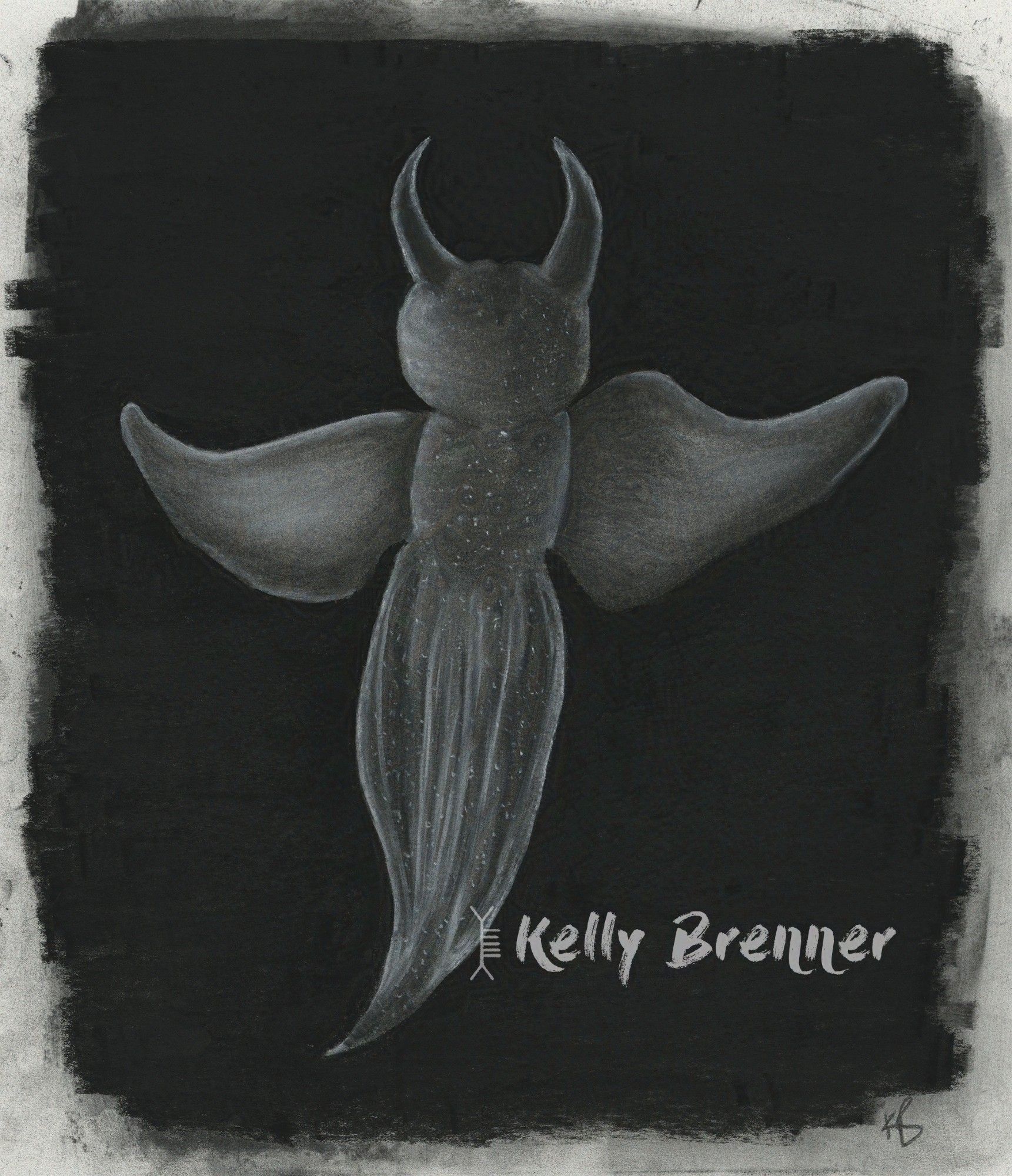 a charcoal illustration of a sea angel, also known as a clione, which is a swimming sea slug with wings and devil like horns