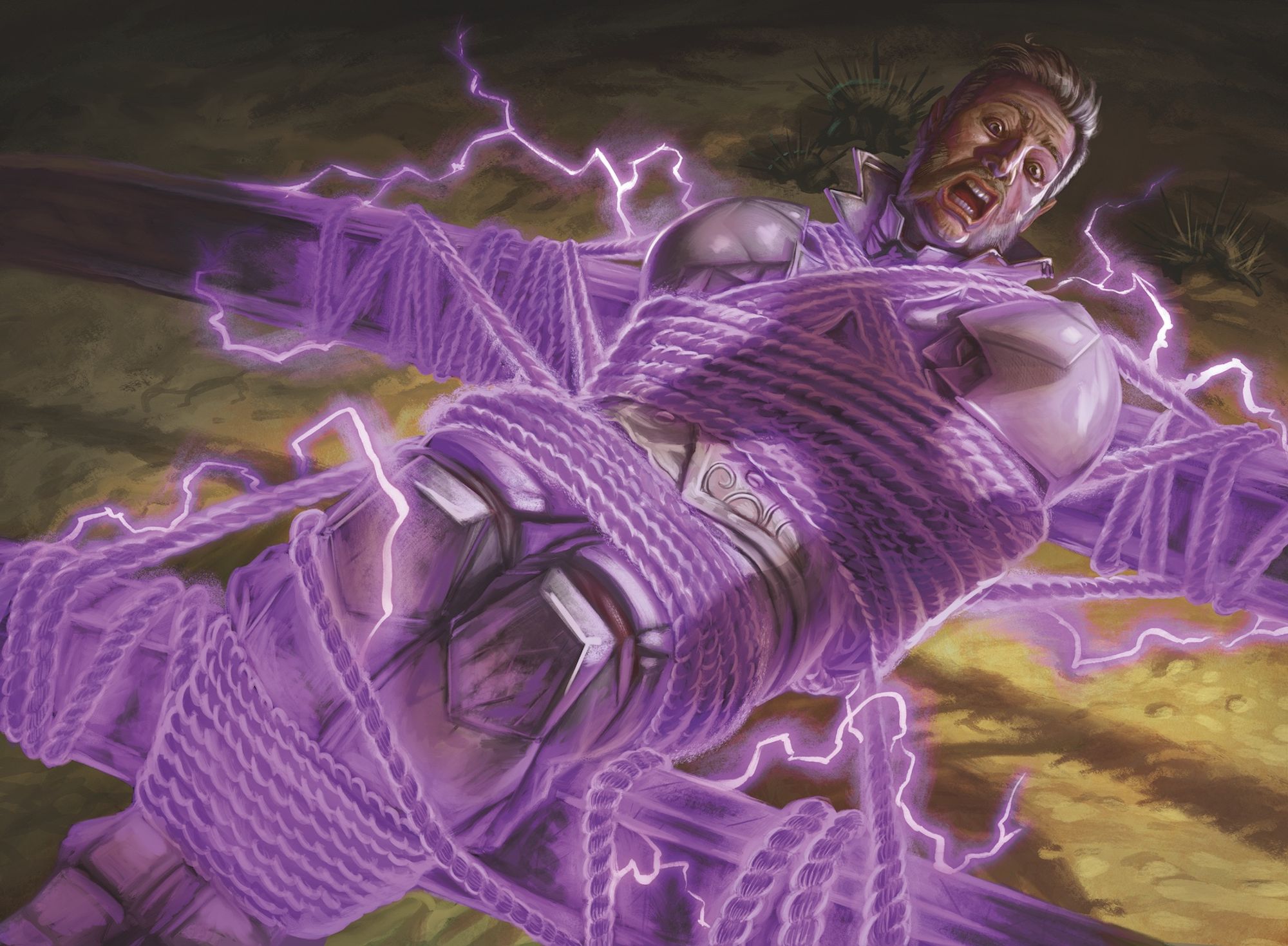 Magic Card. Art - Panicked Fellow tied to Train tracks by magical ropes with outlaw standing over him.