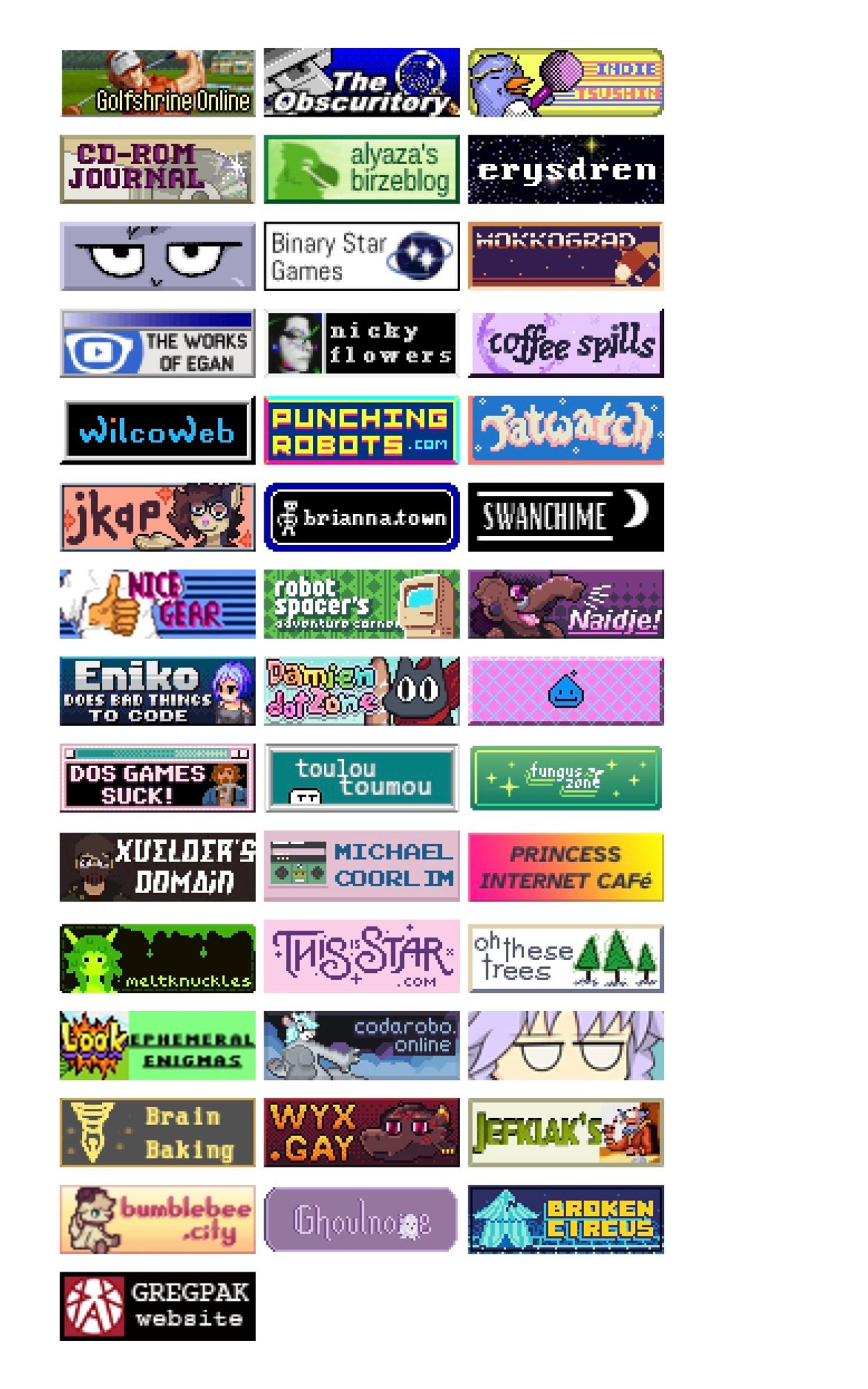 Screenshot of my website show a ton of buttons linking to other sites in a variety of colors and designs