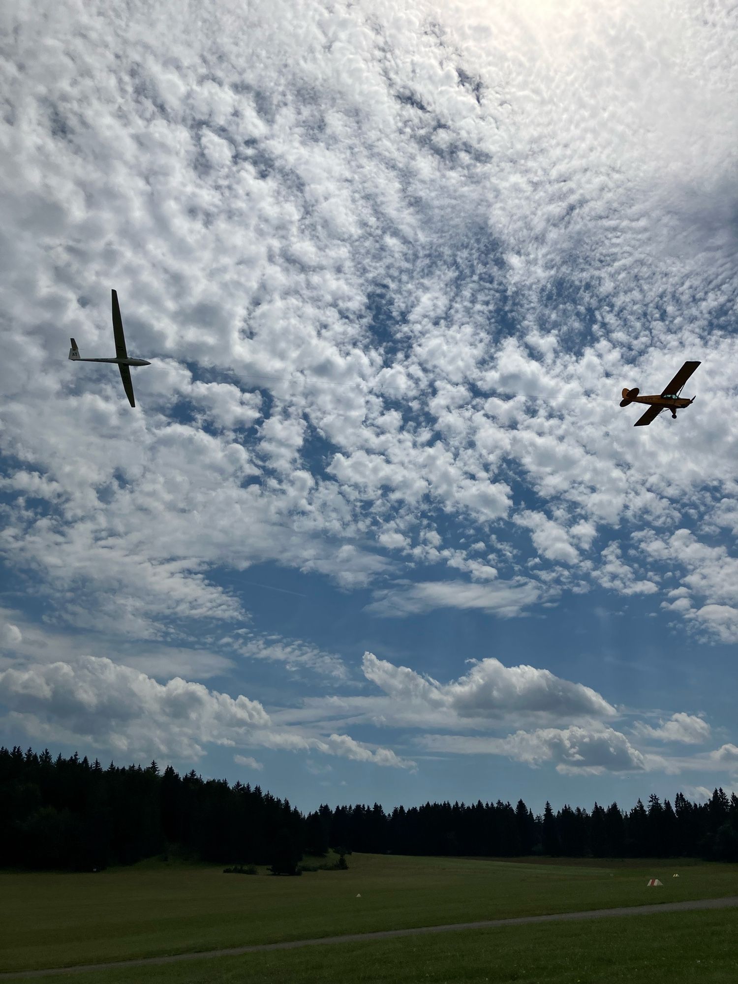 Ein Segelflugzeug von unten gegen den Himmel fotografiert. Es wird von einem Motorflugzeug gezogen. Unten ist im Hintergrund Wald und vorne grüne Wiese.