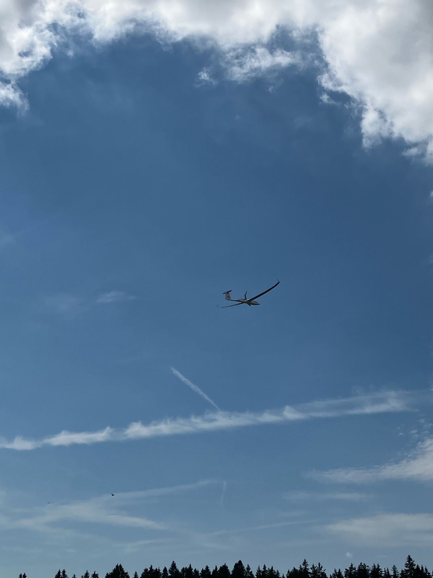 Hockantfoto: ein Segelflugzeug, das mit eigenem Motor startet. Es ist schon deutlich höher als die Bäume, die man am unteren Bildrand sieht. Der Motor ist ein "Rucksack-Propeller", der dann auf einer bestimmten Höhe eingepackt wird.