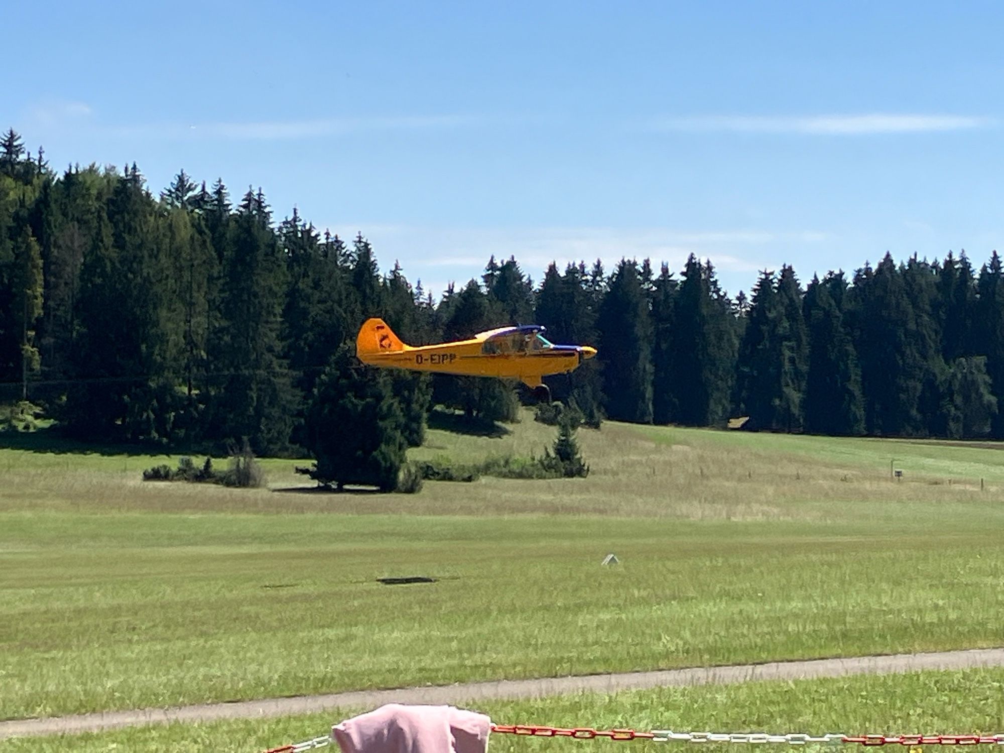 Ein gelbes, altmodisches Motorflugzeug im Tiefflug. Im Hintergrund sieht man Wald, unter dem Flugzeug ist grüne Wiese