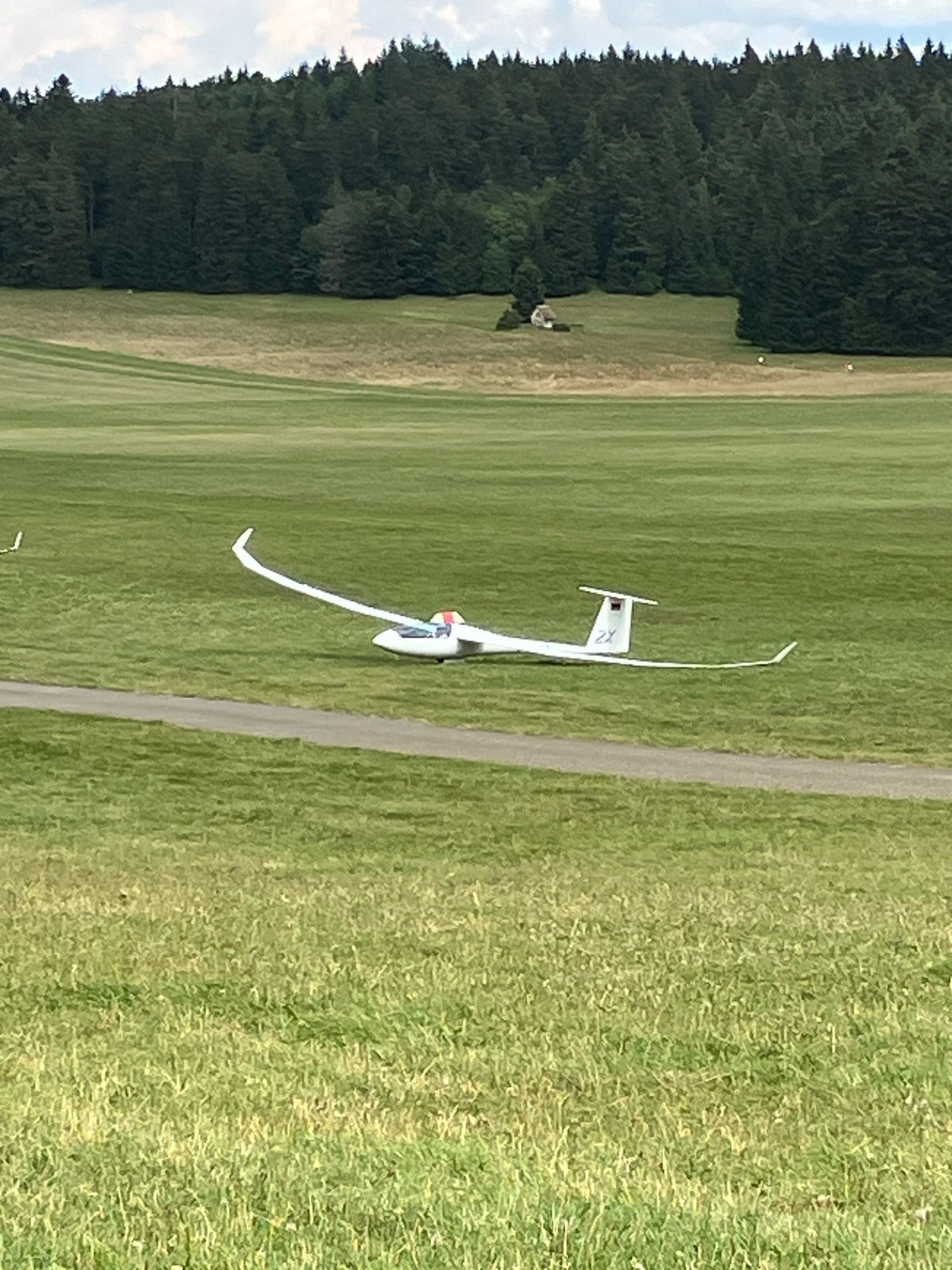 Ein Segelflugzeug, das frisch gelandet auf einen Flügel gestützt im Gras steht/liegt