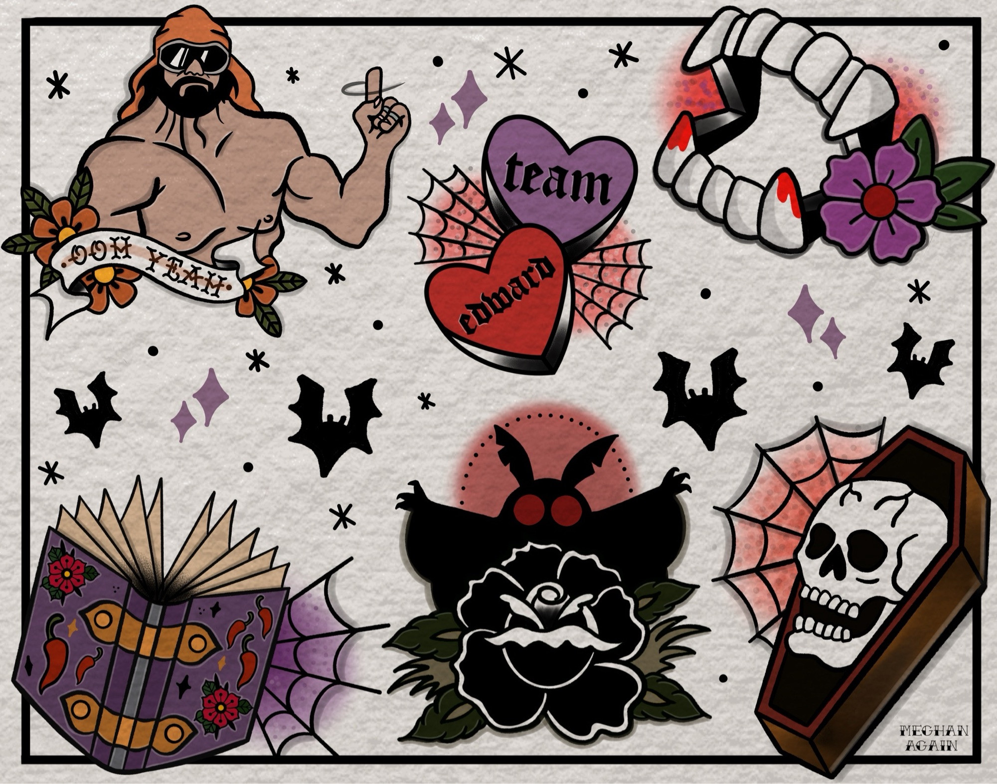 a american traditional flash sheet with different items like mothman, a coffin, a smut book, vampire teeth, and randy savage