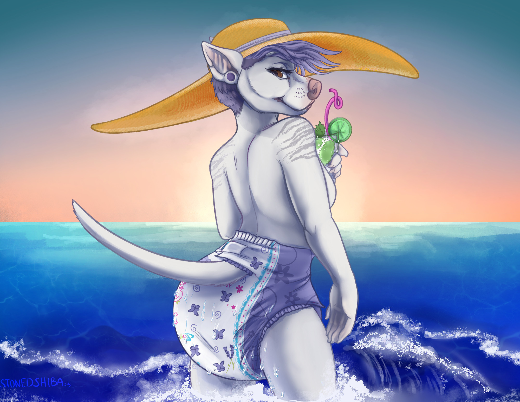 a female pitbull standing in the ocean, wearing only an ABU Lavender diaper and a large sun hat