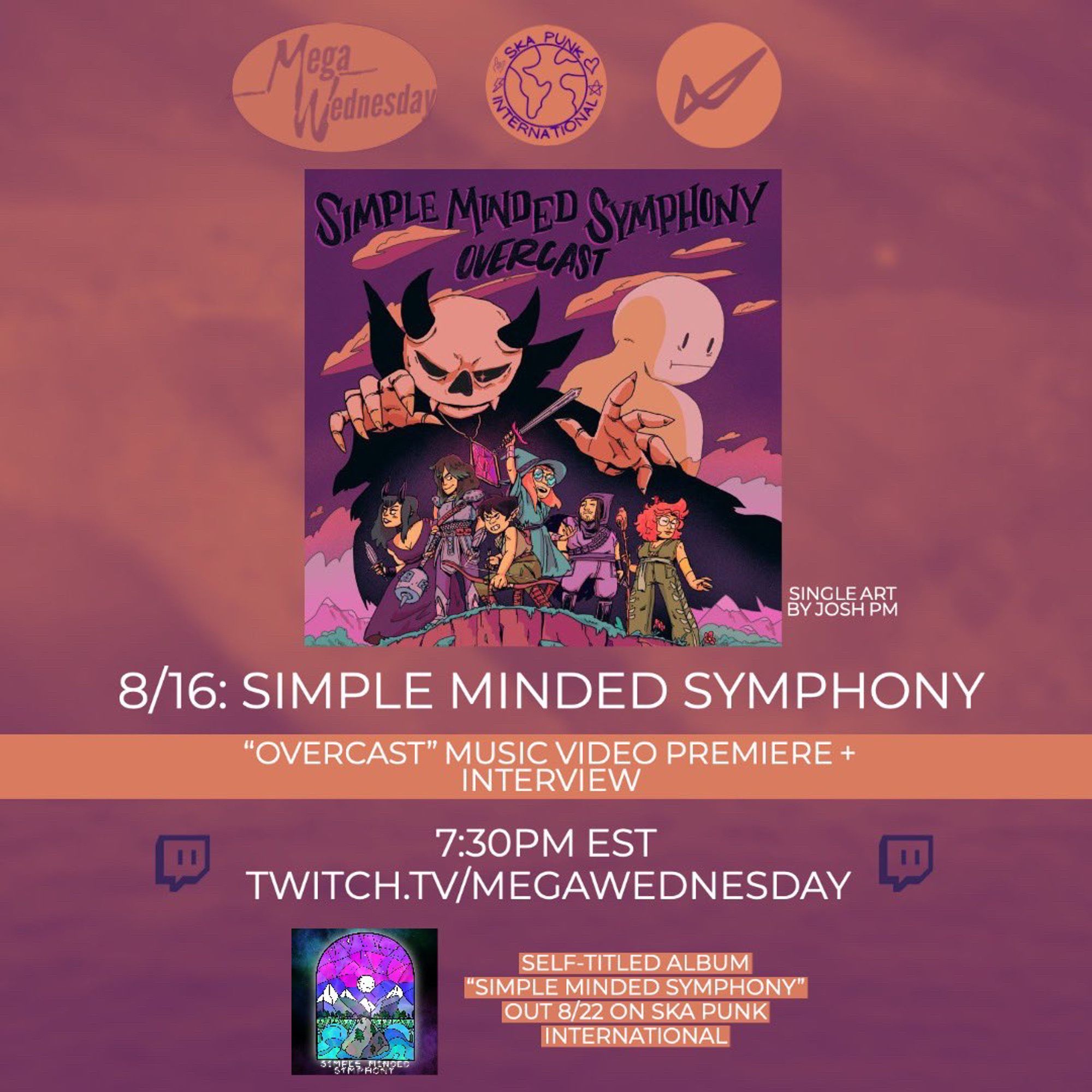 Simple Minded Symphony video premiere for ‘Overcast’ on 8/16 at twitch.tv/megawednesday at 7:30pm est