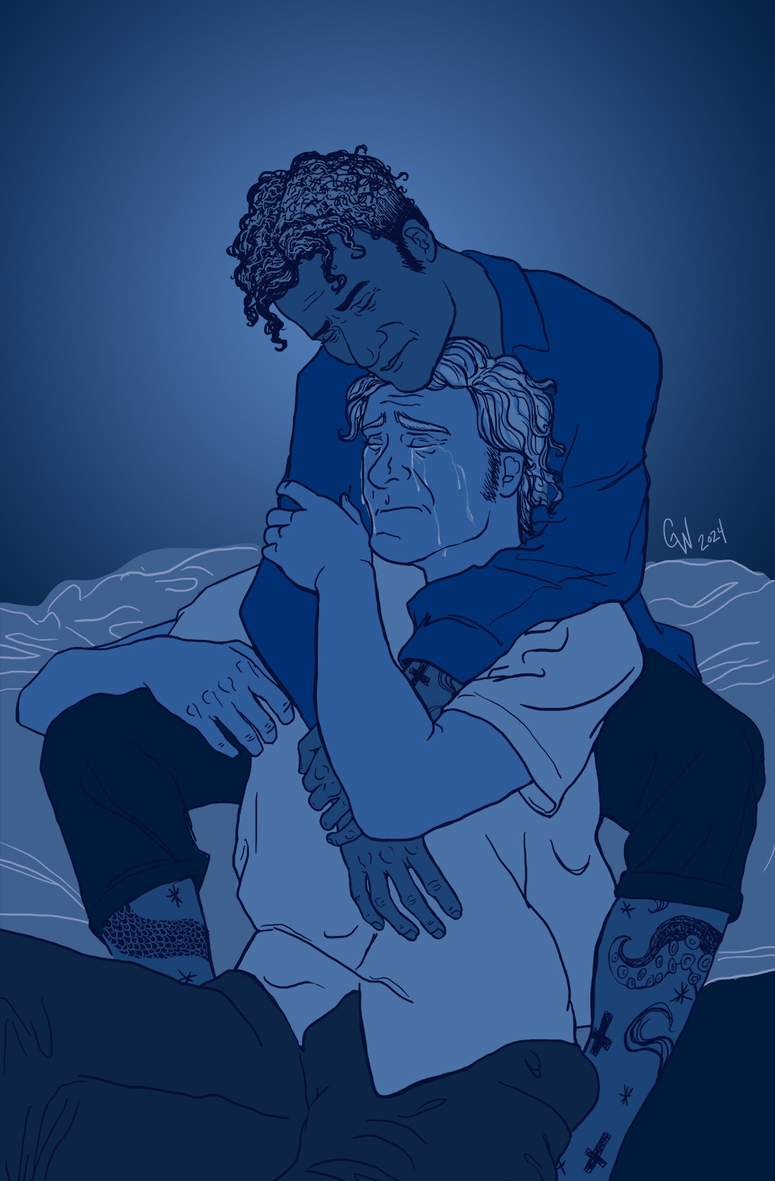 Scene from Chapter 9 of Throat G.O.A.T. by nomadsland. Modern AU. Ed is cradling a crying Stede, the whole image is rendered in deep blue tones.
