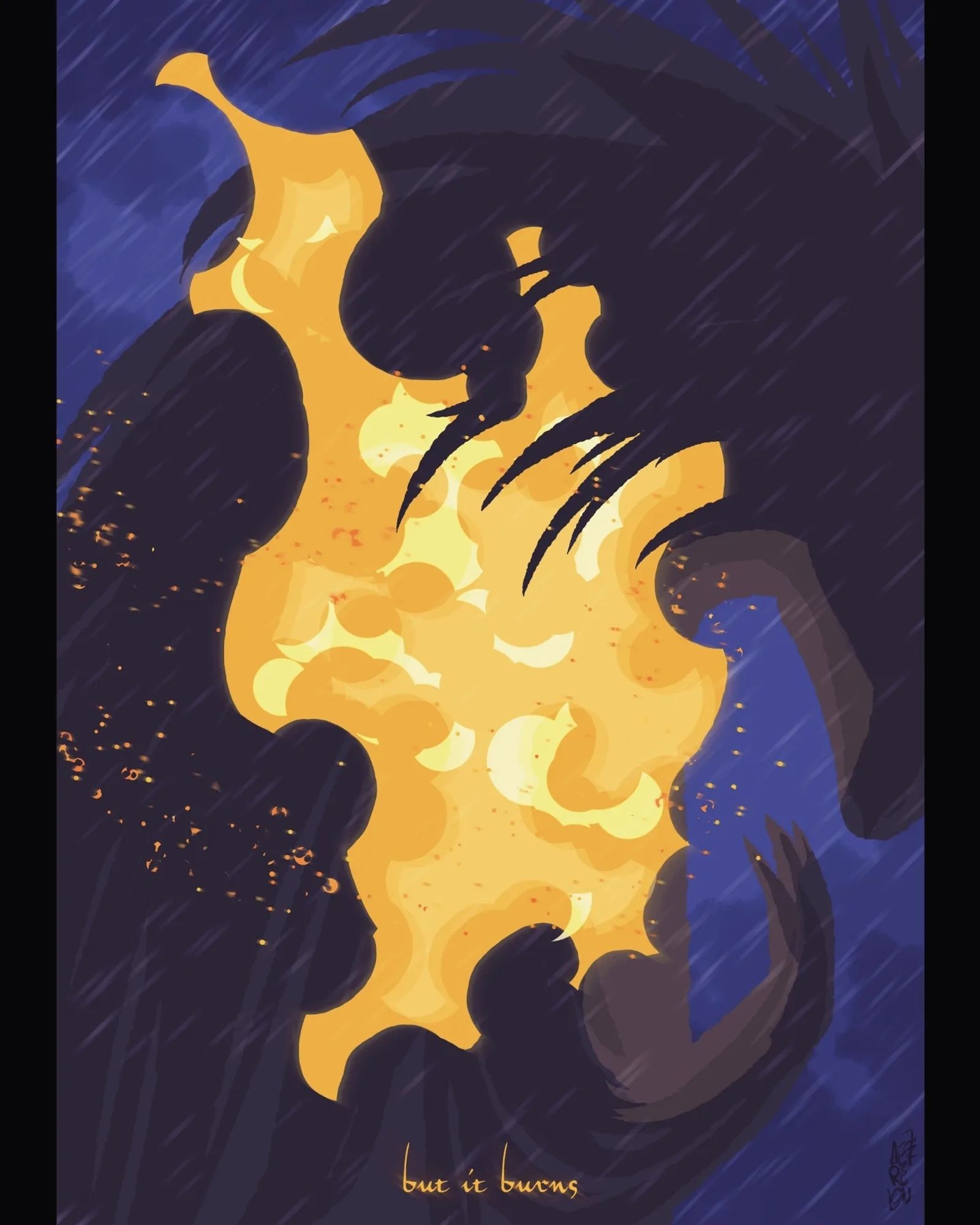 A silhouette with fire burning on its chest