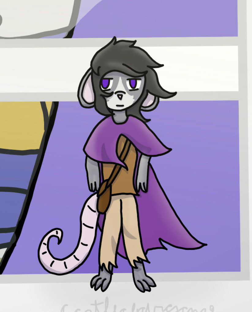 A anthropomorphic rat character on a windowsill. His fur is grey and he has ragged clothes on with a purple cape. He has a done with it expression on. Wind is blowing his hair and cape.