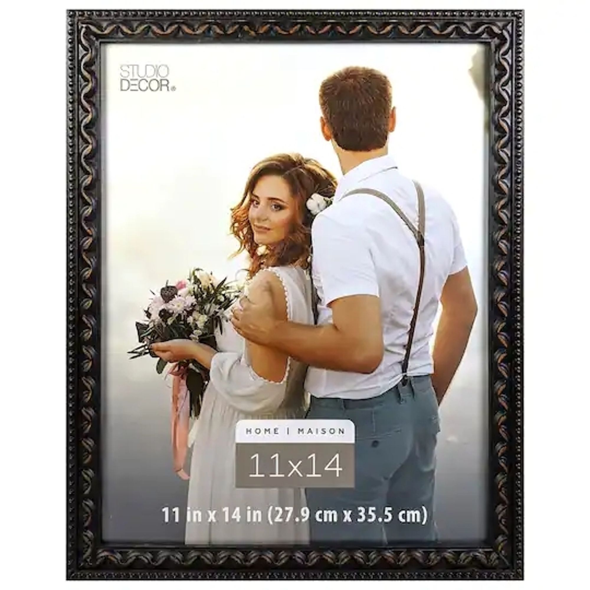 Frame from Michaels with an example photo featuring a couple, he's facing away and she's facing the camera, but looks insane and disgusted