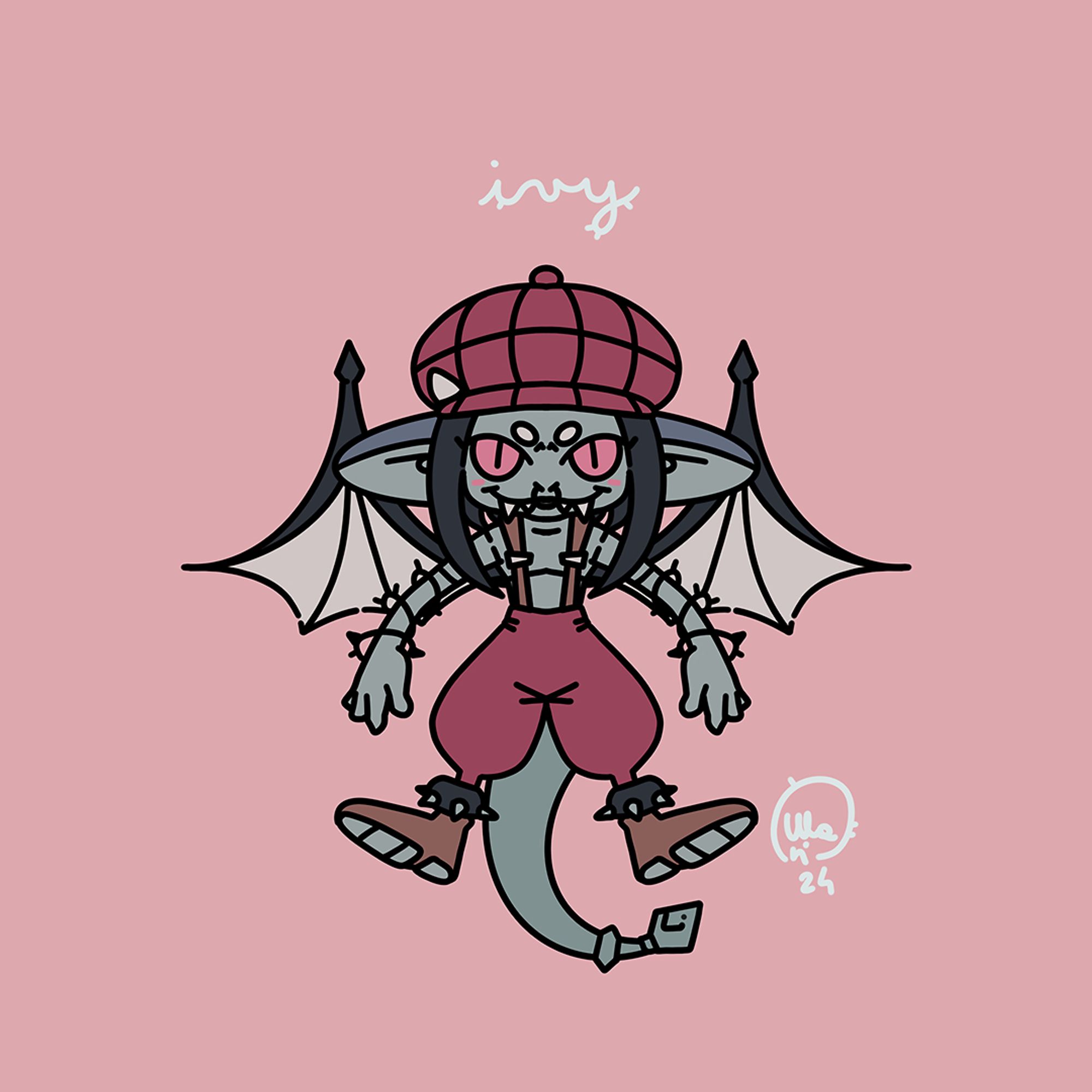 fan art of ivy from deadlock in a chibi style, on a pink background. she's a mischievous looking gargoyle with spiky details