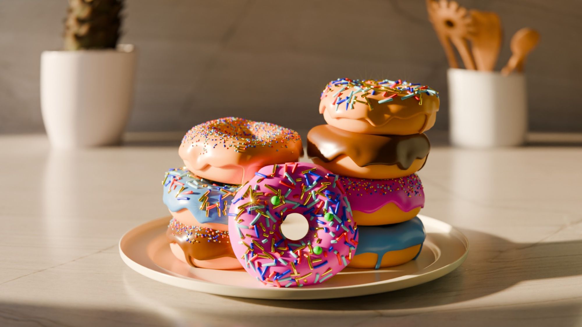 A rendered image of a pile of doughnuts on a plate. Some have round sprinkles, some have long sprinkles.