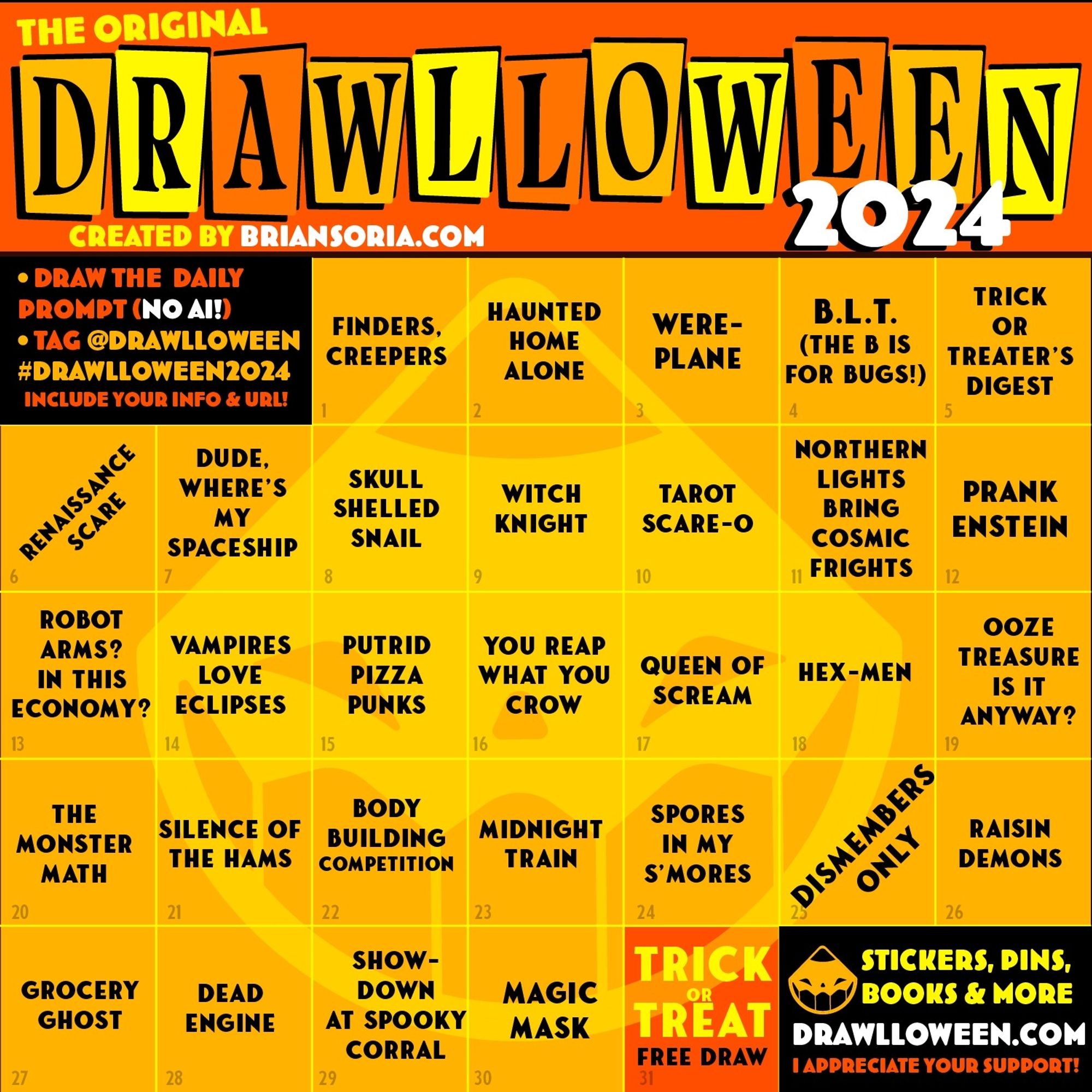 Drawlloween 2024 art challenge daily prompts from Brian Soria