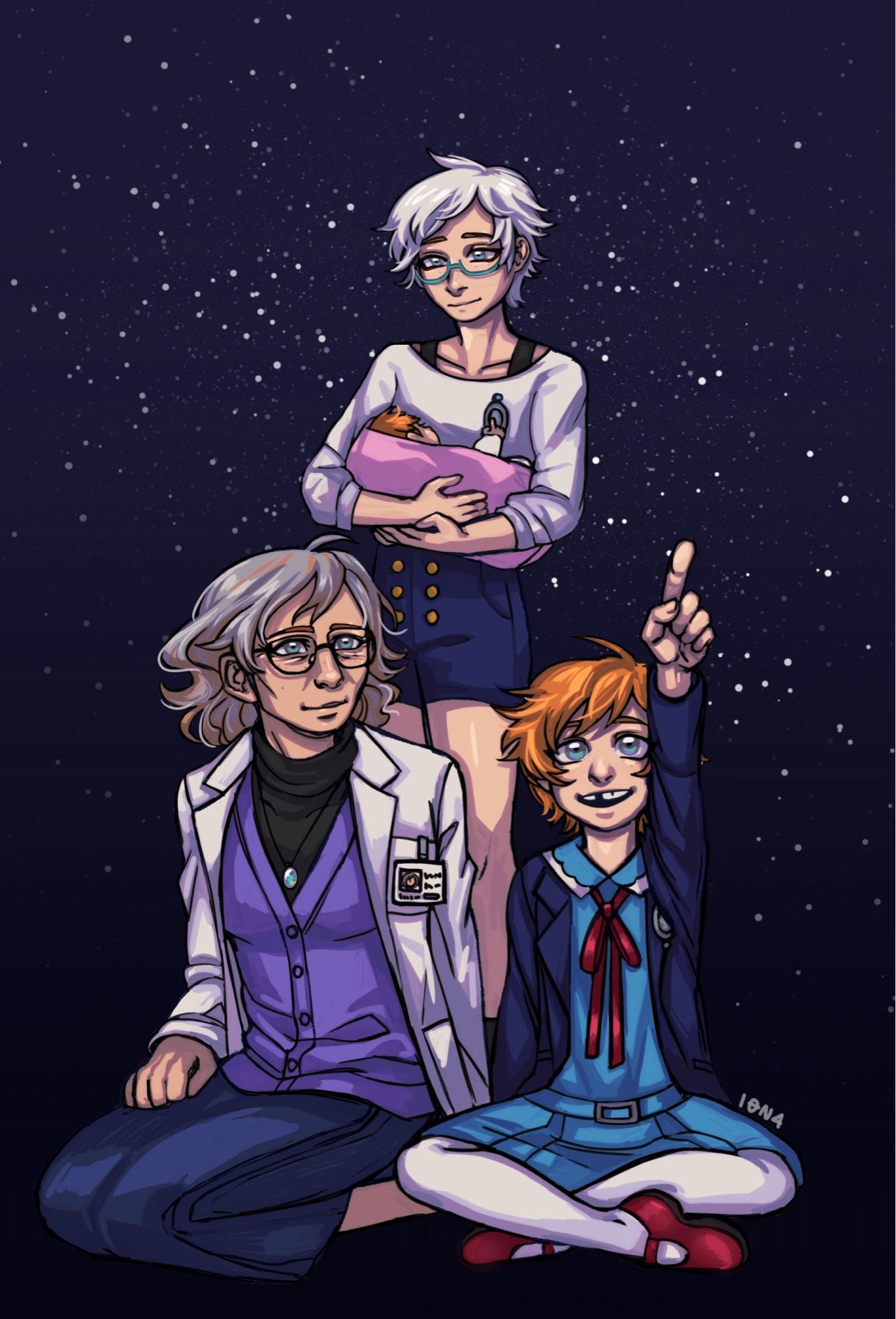 adult phi holds baby phi who is pointing at her brooch, elderly phi sits with adolescent phi as they stargaze. elderly phi has grey hair with orange strands and young phi has short orange hair