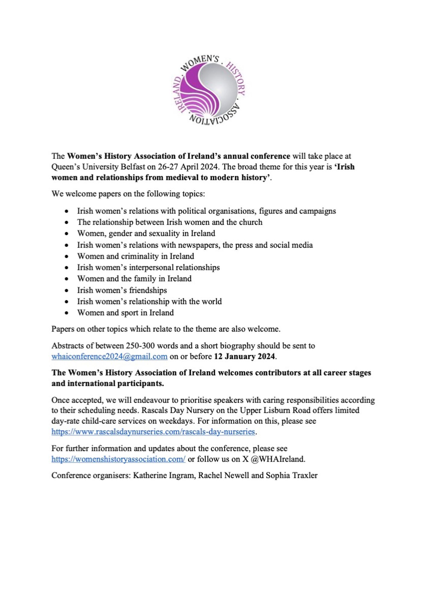 2024 Women’s History Association of Ireland Conference CFP