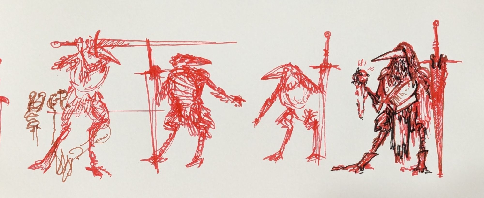 Several ink sketches of a bird knight with a metal cuirass, hood and large ridiculous sword.