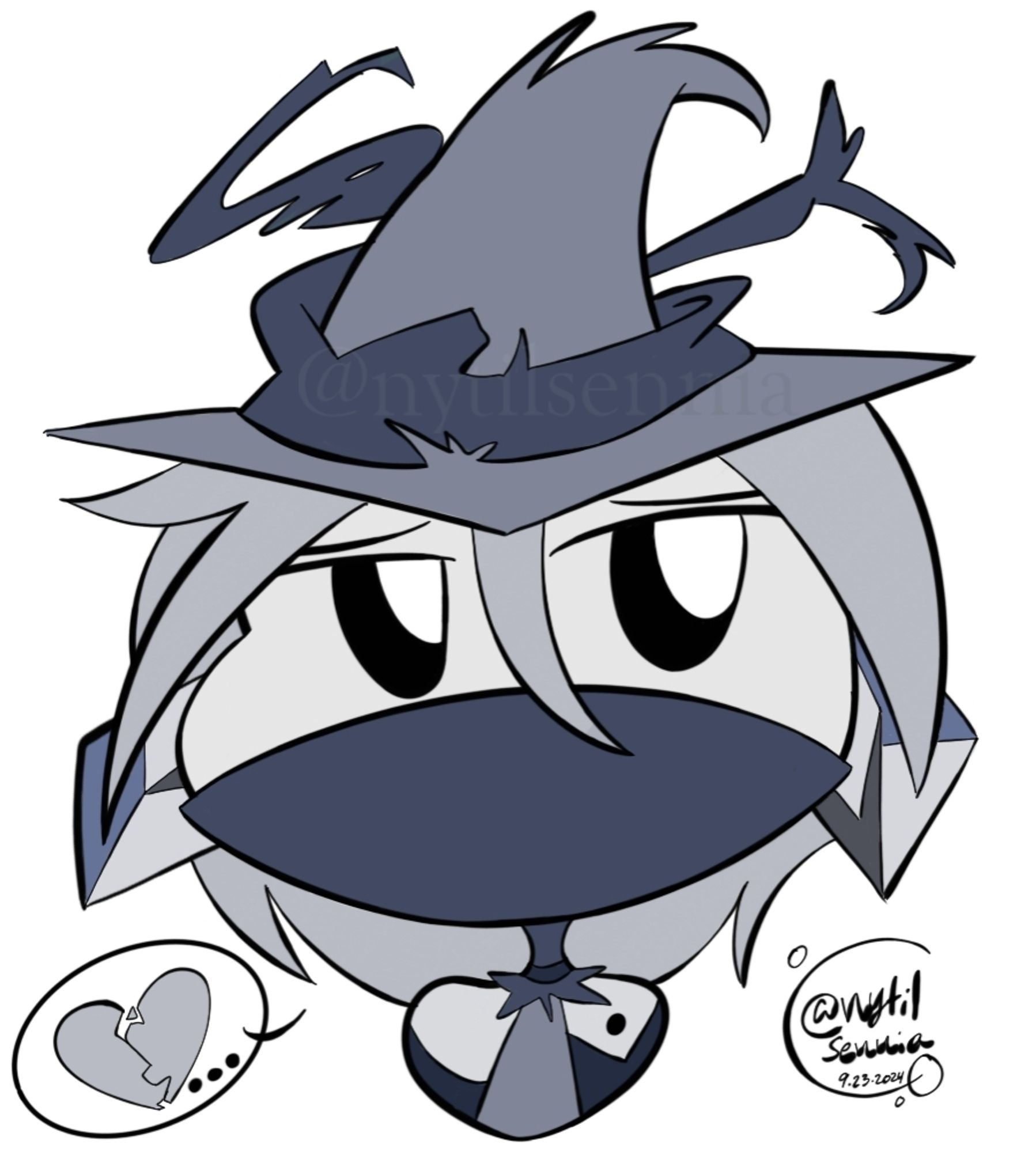 A chibi like drawing of my OC, Nil (he/him). His color scheme is mostly gray-scale with small hints of blue hues. His complexion is light gray with his short hair being just a tad darker. He wears an angular witch styles hat that it torn at the top. The hat also has a dark, ripped up fabric around it. Nil has two diamond shaped earrings with abstract designs on them. A dark fabric covering hides the lower half of his face. His brows are furrowed, he has a saddened expression. A speech bubble with a broken heart is at the lower left corner of the drawing.