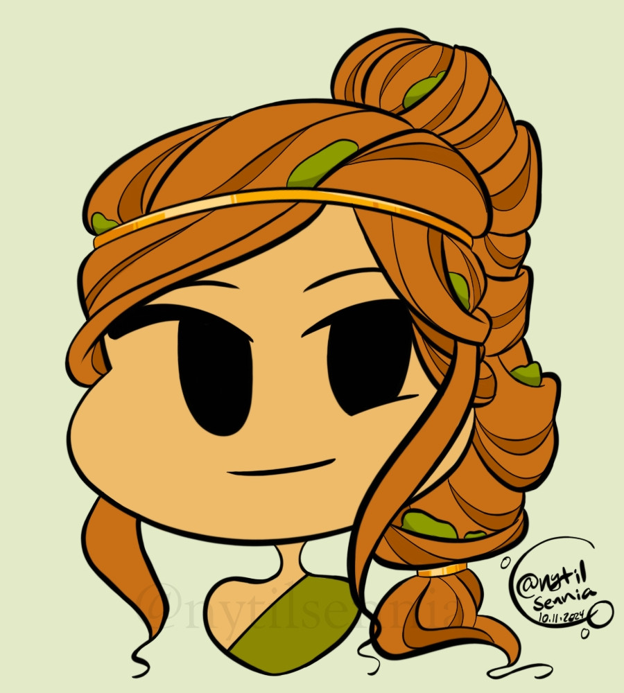 A chibi styled drawing of my OC, Kataifi. They have a medium tan complexion. Their caramel brown hair is long and twisting within itself as it's tied back into a thick ponytail. Pieces of green pistachios are intertwined within their hair. A golden circlet rests on their head. The top of Kataifi's robe can be seen. Kataifi is smiling towards the viewer.