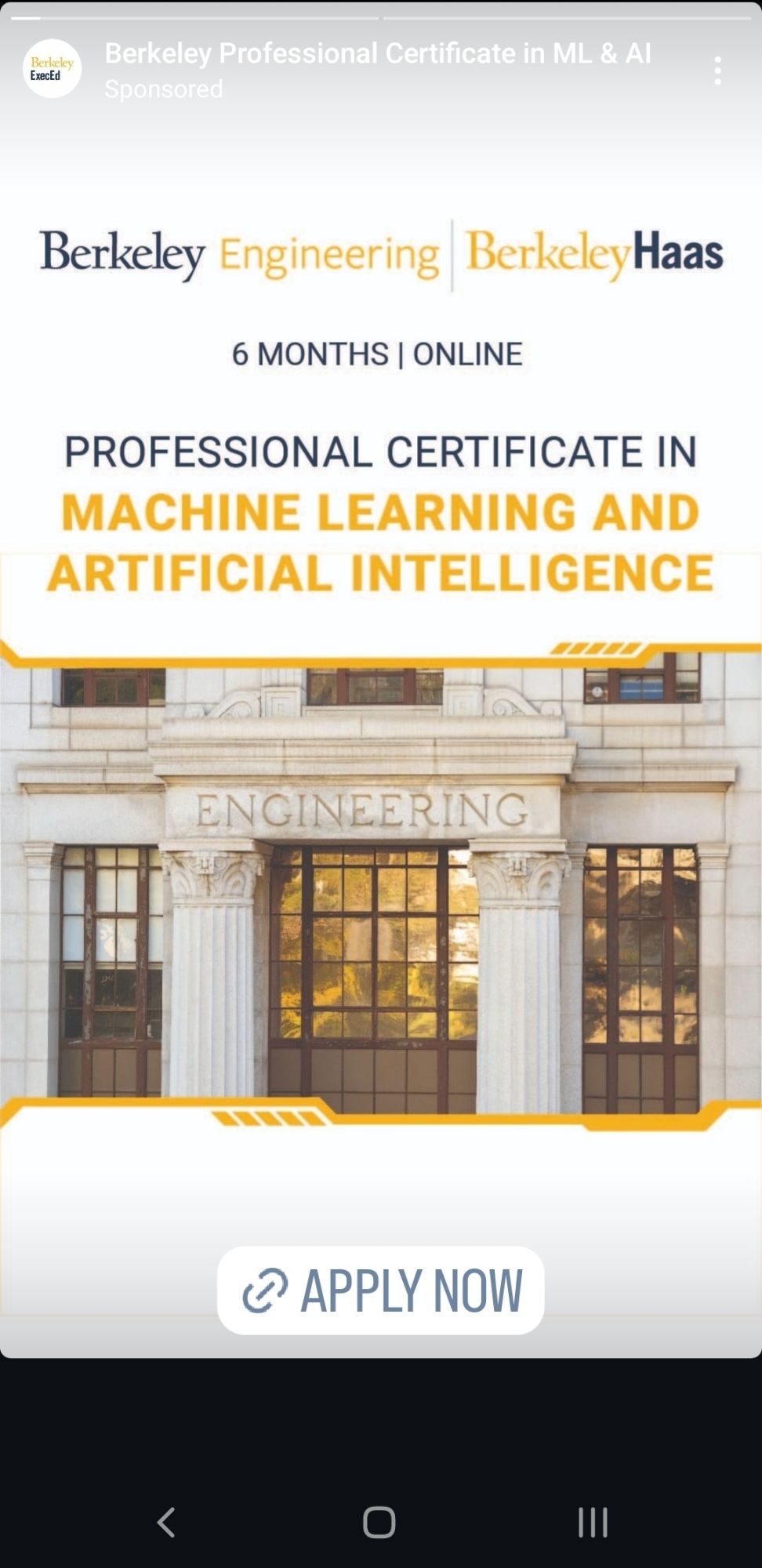 Instagram ad for the burgundy engineering department and the Berkeley Business School promoting a new certificate program in machine learning and artificial intelligence