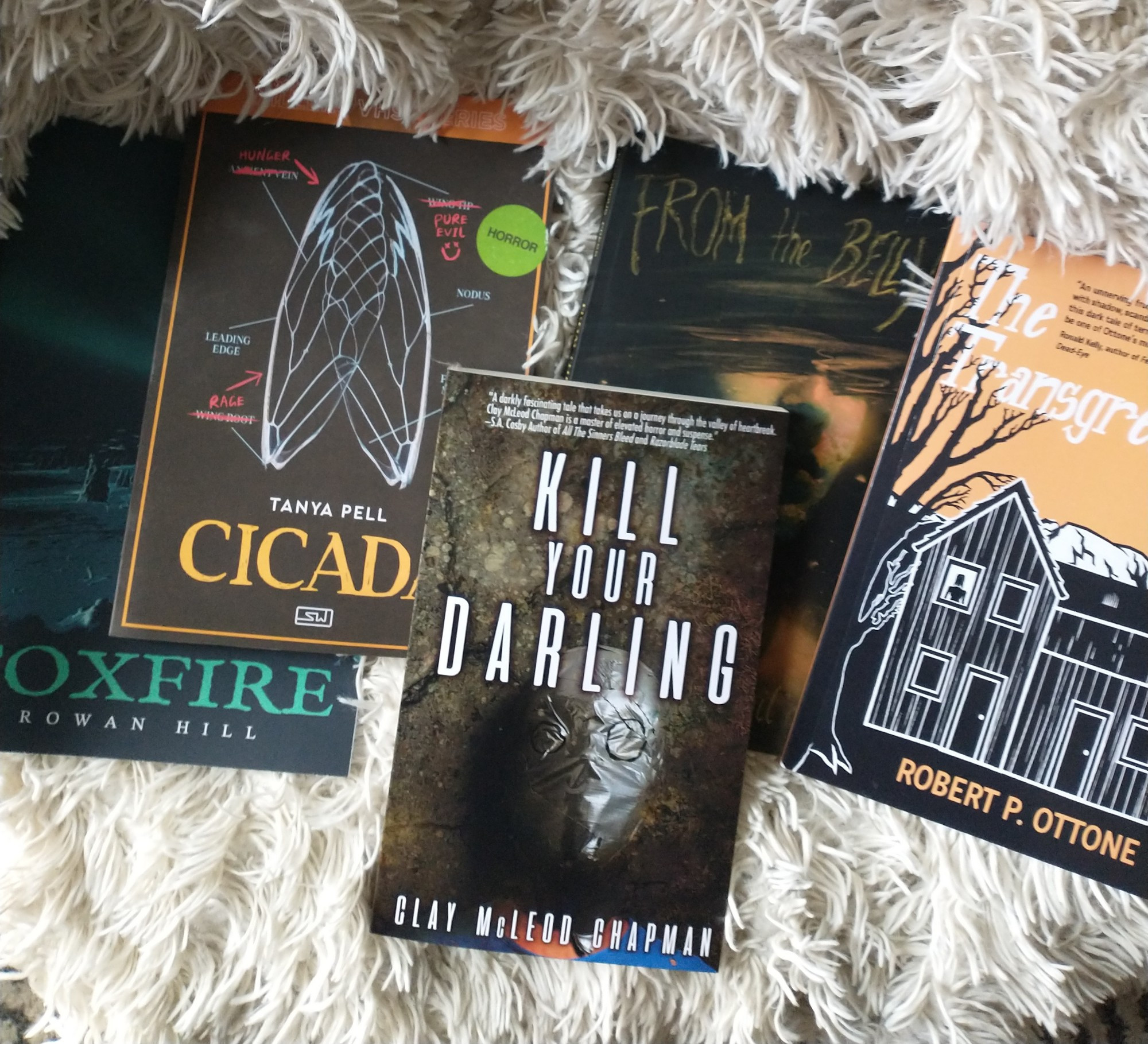 Photo is of five books laying on a white fluffy blanket. From left to right: Foxfire by Rowan Hill, Cicada by Tanya Pell, Kill Your Darlings by Clay McLeod Chapman, From The Belly by Emmett Nahil and The Transgression by Robert P. Ottone.