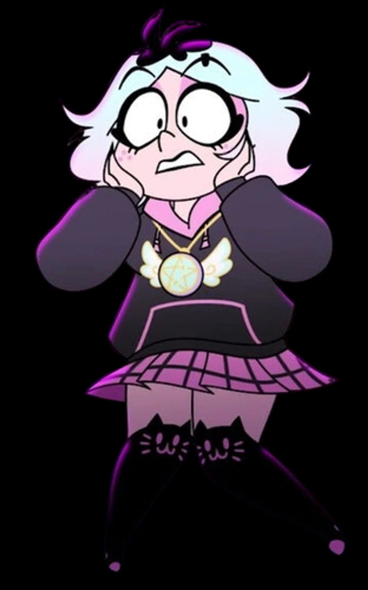 Image of Emberlynn from Helluva Boss. A girl with black, blue, and pink ombre hair, dark eyeliner, and freckles wearing a hoodie with a pink hood. She had an amulet around her neck of a pentagram with angel wings. She also has on a pink plaid skirt and kitty cat thigh highs.