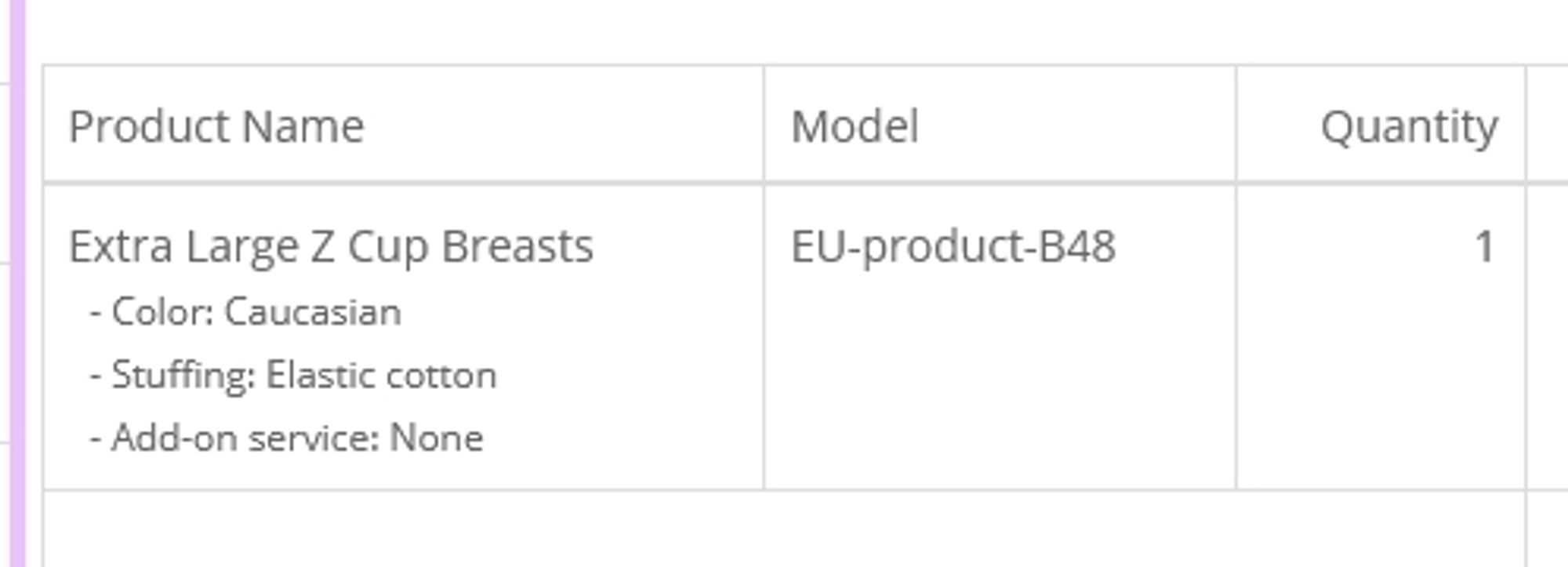 A cropped screenshot from a Roanyer order form, showing a listing for 1x Extra Large Z-Cup Breasts prosthetic.