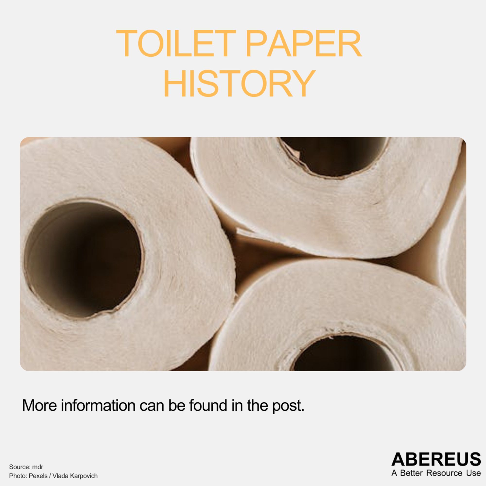 In the middle of the picture, there is a photo of three rolls of toilet paper.
Above is the text "toilet paper history" and below is the logo of ABEREUS.