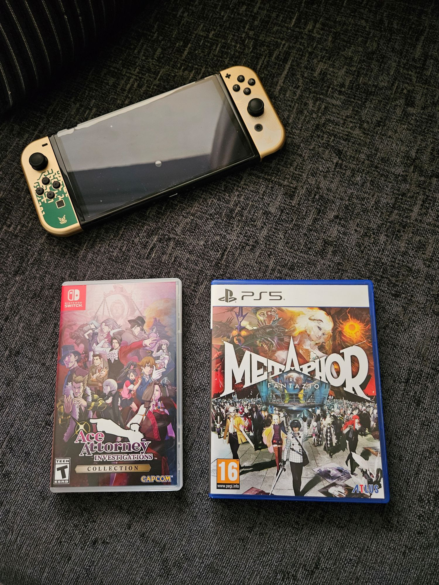 My Zelda Switch OLED as well as Ace Attorney Investigations (Switch) and Metaphor Refantazio (PS5).