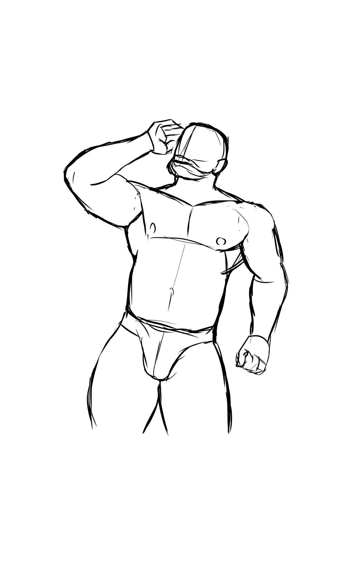 Sketch 2 shows a muscular man standing in a speedo, holding his right arm up to hold a pair of (undrawn) glasses. His face is also undrawn, though part of his beard is shown. The view is mostly from the front, but from a lower angle, and the view itself is slightly tilted counterclockwise. The view cuts off above his knees. 