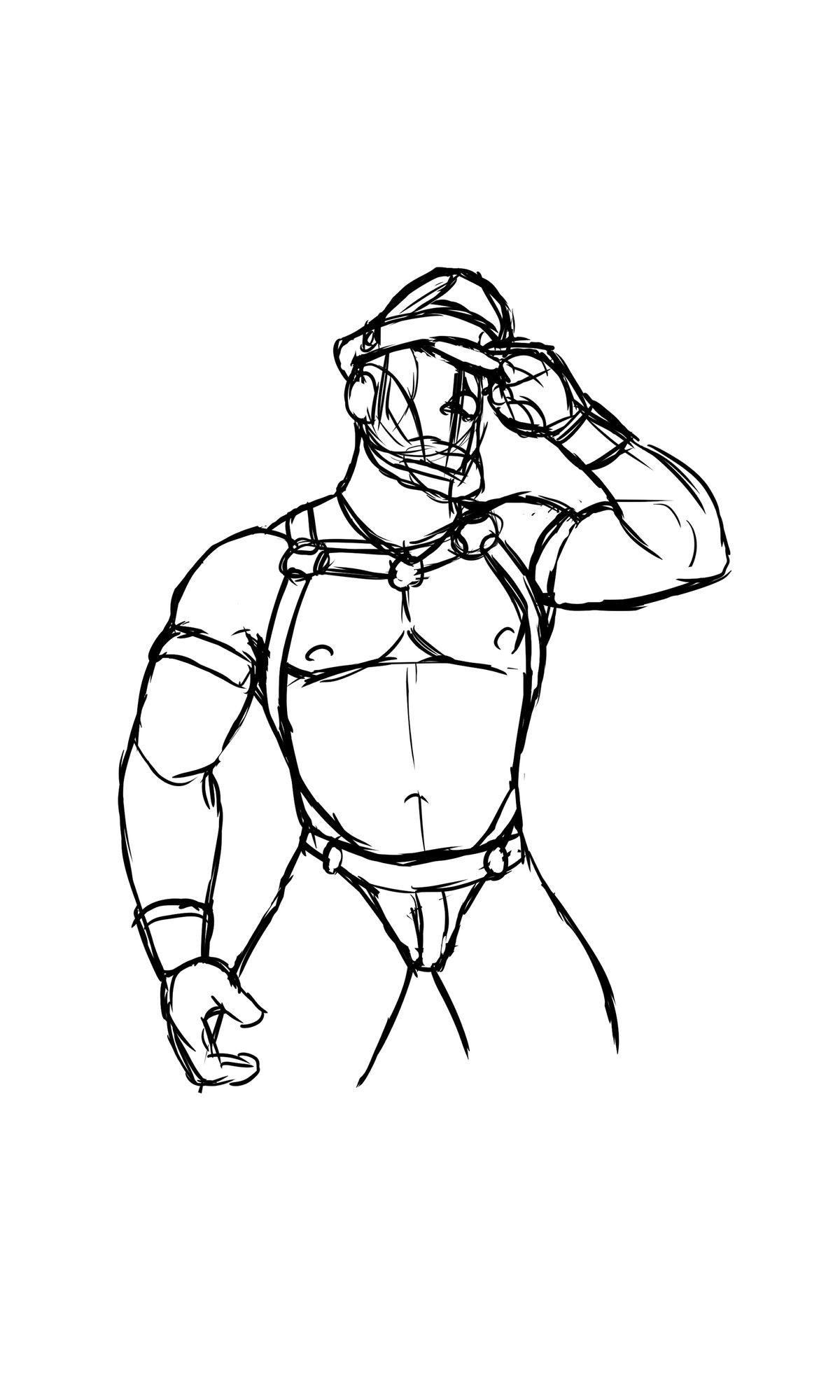 Sketch 3 shows a muscular man in fetish leather gear, consisting of a Muir cap, a harness and slip, biceps bands and wristbands. The man is shown from the front, holding the cap at the visor with his left hand. His face is undrawn. The frame cuts off above the knees. 