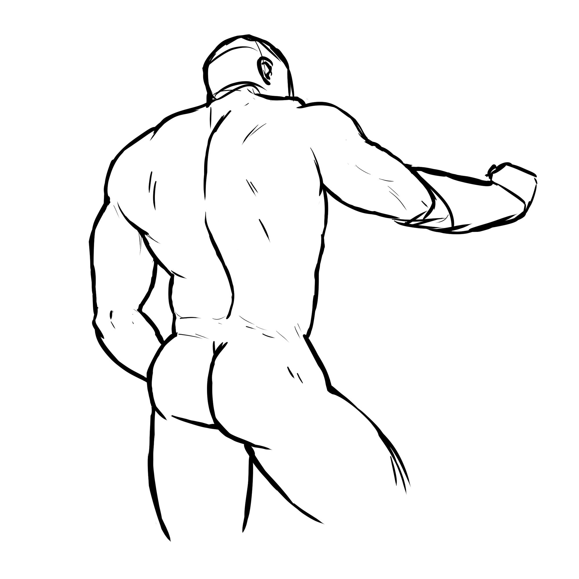 This is the first of four digital sketches. They all consist of rough black lines in front of a white background. 

This one shows a muscular nude man from behind. he's standing, right arm extended to hold onto something undrawn, his right leg stepping forward. He subsequently tilts his pelvis down on the right side, accentuating his butt. The picture fades out above the knees. 