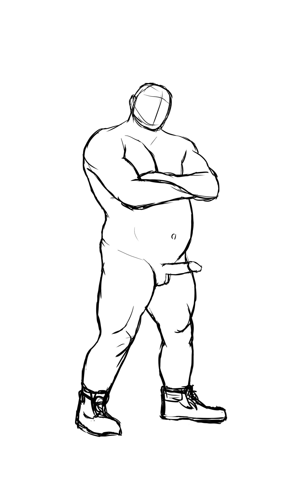 First sketch of a set of four. They all consist of black outlines in front of a white background. 

Sketch 1 is in three quarter view, showing a burly, naked men with an erection, standing with his arms crossed. He's wearing boots. His face isn't drawn, but a vertical center line and a horizontal brow line indicate the heads slight tilt. 