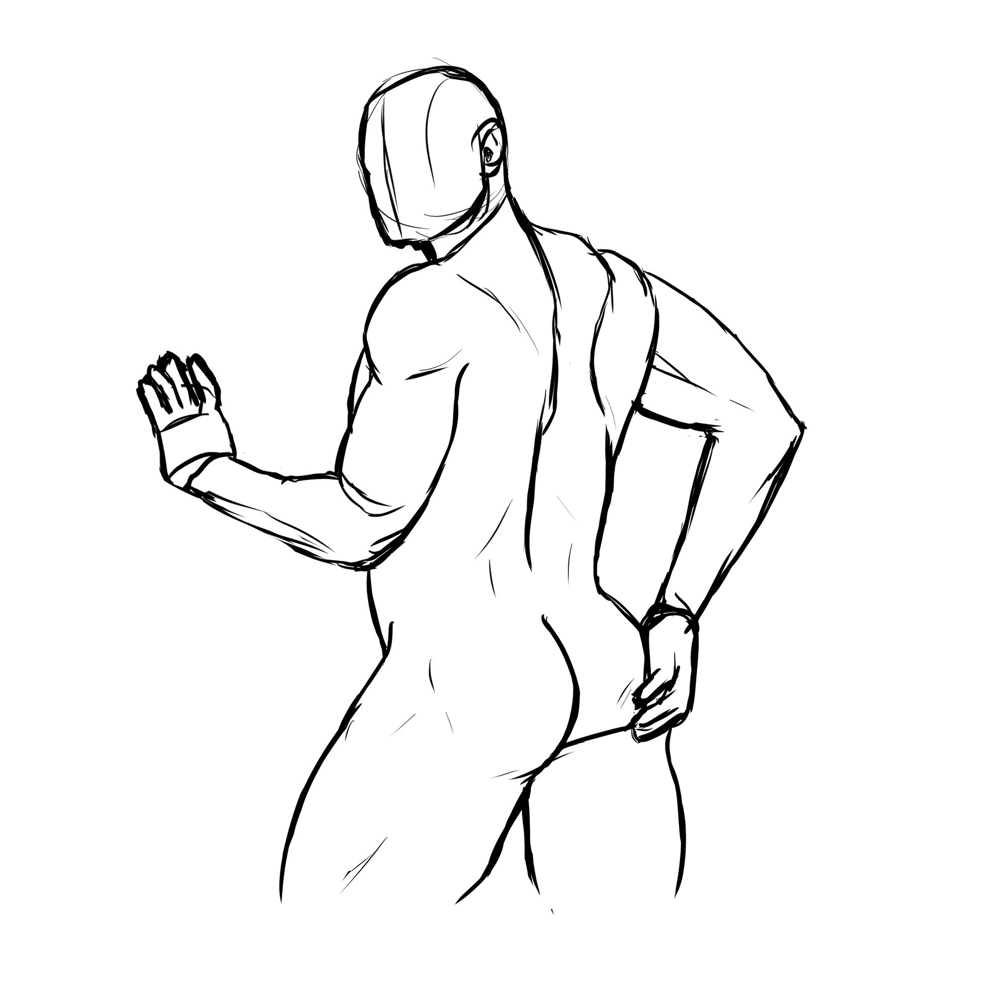 Picture 3: this sketch shows another standing, naked man in a three-quarter view of his back, turned counterclockwise. His head is turned left, looking towards the viewer, but the face is undrawn, consisting only of a vertical line down the middle. His left arm is halfway extended forward, hand resting on a surface. His right hand is suggestively holding onto his right butt cheek. His left leg is making a step forward, which again tilts the pelvis in a butt-accentuating way. 