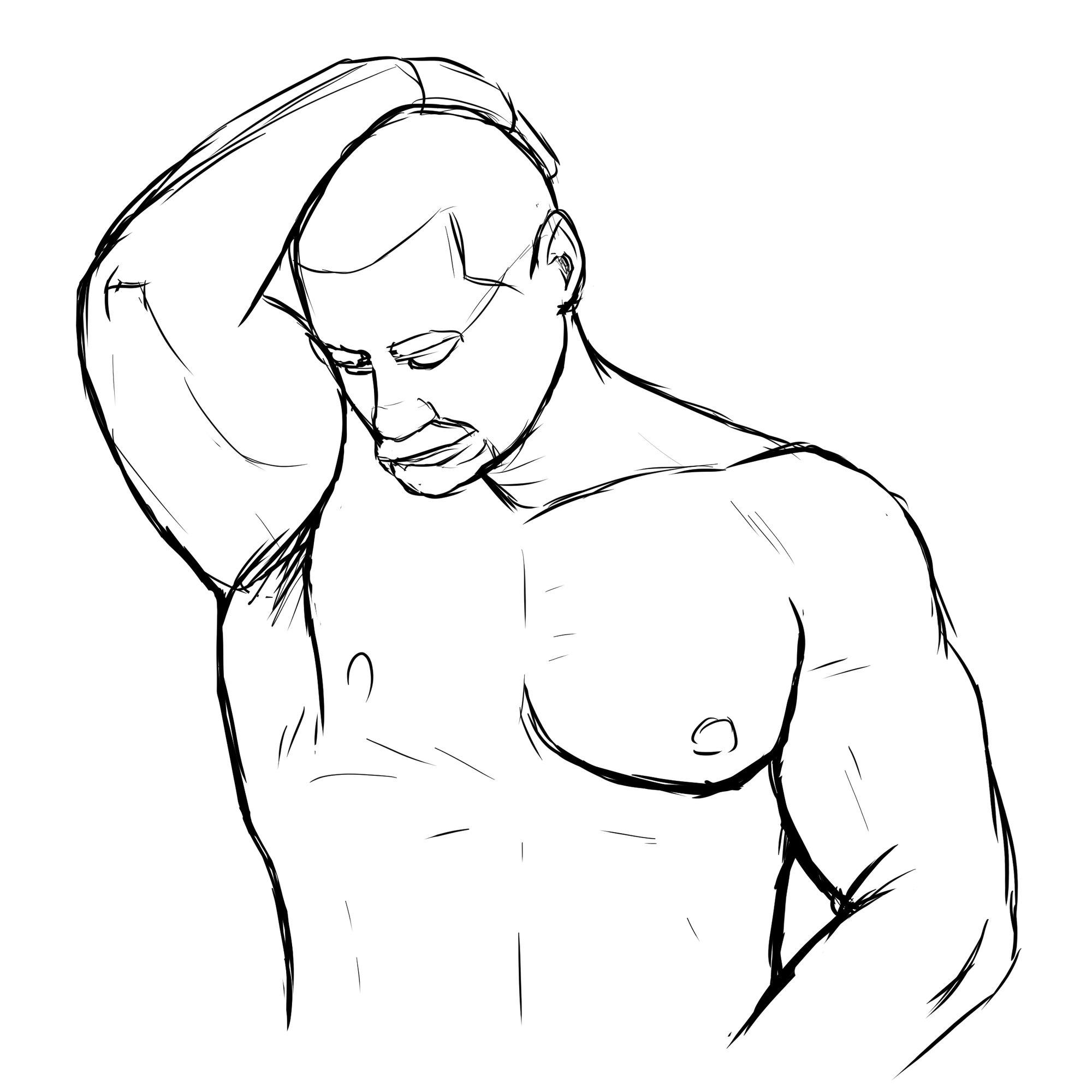 Fourth and last digital sketch. It shows a muscular middle aged man's naked upper torso and head. His had is tilted forward and to his right, looking down. He holds his right arm up, hand resting on the back of his head and showing his armpit. His right pectoral is stretched to accommodate the arm position. His left arm is held down, giving this pectoral it's characteristic rectangular shape. He has a mustache and a beard on his chin, as well as short hair. 